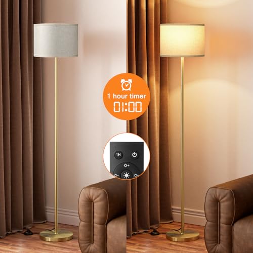 Image of Ambimall 60'' Modern Floor Lamp with Remote, Tall Lamps for Living Room, Bedroom, Office, Dining Room, Beige Shade with Gold Pole(Included Bulb)