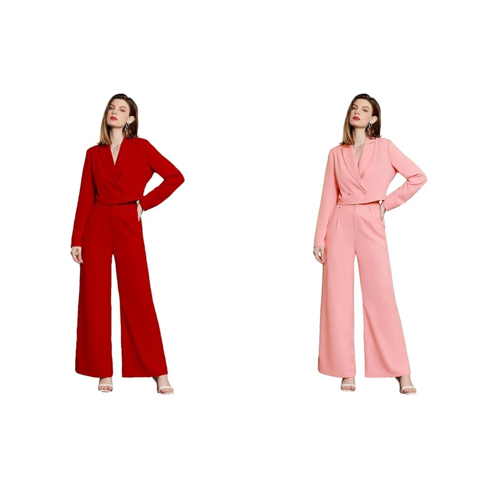 kotty Women's Solid Relaxed Fit Full Sleeve Co-ord Blazer and Trouser Set. Tomato red Women's Solid Relaxed Fit Full Sleeve Co-ord Blazer and Trouser Set. Dusty Pink-picture-39