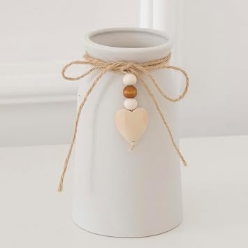 Charming 6-Inch Ceramic Vase with Jute Rope & Heart Charm, Elegant Boho & Farmhouse D cor, Small Vase for Home and Office, White