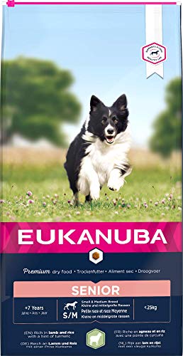 Eukanuba Alimento seco para perros senior de razas pequeñas y medianas, rico en cordero y arroz, 12 kg