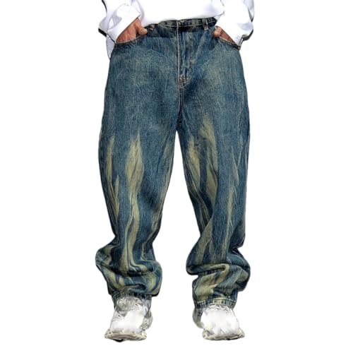 Men’S Hip Hop Trendy Skateboard Baggy Straight Denim Cargo Pants Slim Fit Button Fly Distressed Full Length Casual Jeans