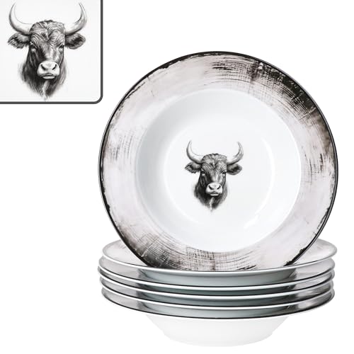 MamboCat Set di 6 piatti fondi Toro I 200 ml I piatti in porcellana bianca e rosa con motivo mucca per 6 persone, piatti profondi in stile rustico per insalata, zuppa, cereali, pasta & Co.