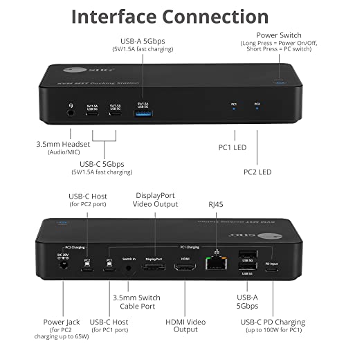 Siig Usb-C 2-Port Kvm Switch Mst Docking Station With Pd 65W, For 2 Monitors 2 Computers, 1X Hdmi 1X Displayport, Gigabit Ethernet, Headset Jack (Ce-Dk0111-S1) #TOP2