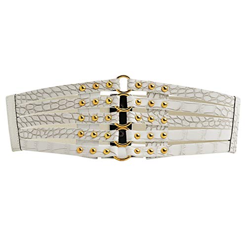 Syuer Womens Faux Leather 5 Metal Rings Wide Waist Belt Elastic Waist Belt (Small (26"-29"), Off-White)