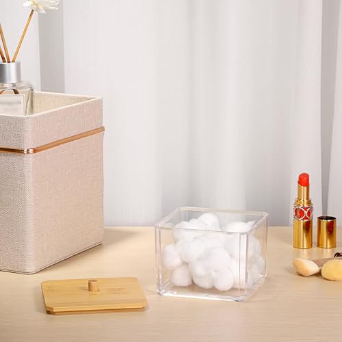 OGANAZI Wattestäbchen Box Acryl Wattepads Behälter Transparent Aufbewahrungsbox mit Bambusdeckel Klein Schminktisch Organizer für Tupfer, Tampon, Beauty-Ei, Schmuck, Kosmetik, Haarbänder (Quadrat)