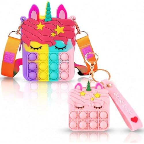 Unicorn Pop Purse for Girls, Silicone Fidget Shoulder Bag with Keychain