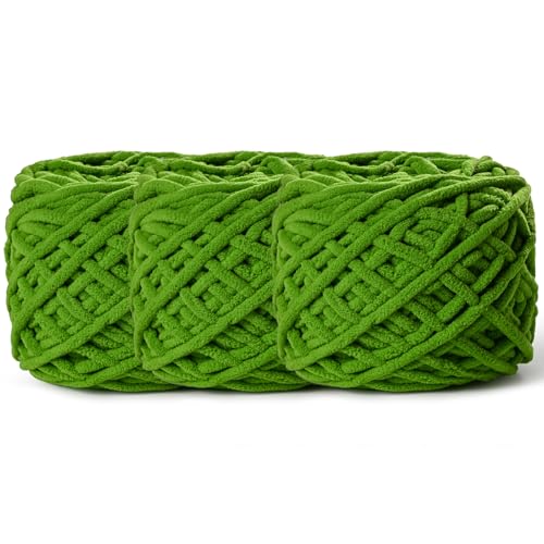 Image of 3 Pack Lime Green Chenille Yarn for Crocheting 100g(65.6yd) | Soft Yarn Amigurumi Yarn Crochet Yarn Beginner Yarn Velvet Yarn