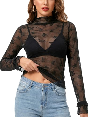 ZhouBoat Women's Floral Lace Top Black Mesh Sheer Mock Neck Blouse Tops