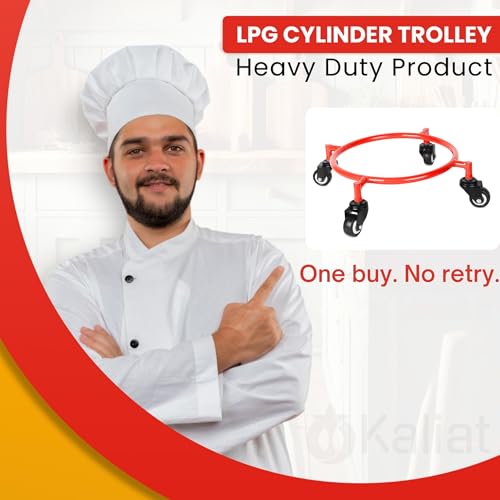 Image of Gas Cylinder Trolley with Wheels - Red | Heavy Duty Stainless Steel LPG Cylinder Stand | 360 Smooth Rolling Double Bearing Casters | Rust Resistant Cylinder Holder for Kitchen & Home