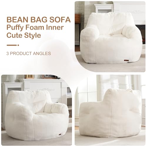 Image of Hobestluk Bean Bag Chair for Adult Small Bean Bag Chairs with Arms Furry Beanbag Chair with Foam Filler Stuffed Bean Bag Sofa for Reading in Bedroom Living Room and Dorms(White)