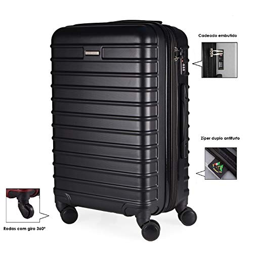 Conjunto De Malas em ABS 3 Pecas P, M, G Com 4 Rodas 360 - Roncalli Long (Preta)