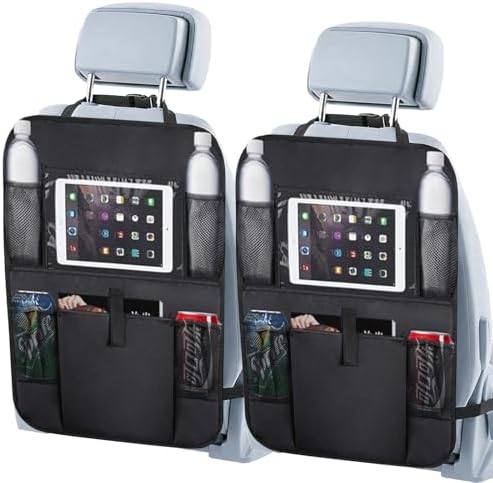 Upgraded 2 Pack Backseat Car Organizer with Touch Screen 12-inch Tablet Holder, Back Seat Organizer, Travel Accessories with 6 Storage Pockets, Protectors Kick Mats