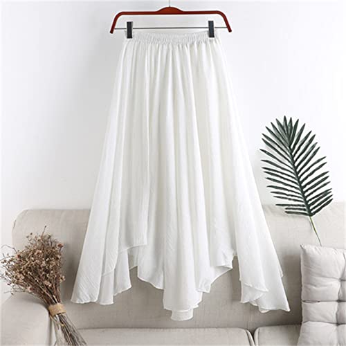 Damen Casual Leinenrock Frühling Sommer 2022 Midi Faltenröcke Einfarbig Elastisch Hohe Taille Großer Fischschwanzrock Wild Unregelmäßiger Halbkörperrock,Weiß,M Cover