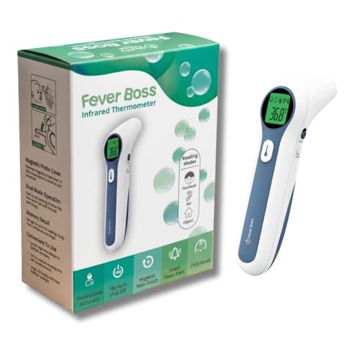 Fever Boss Infrared Thermometer for Babies & Adults, 5-in-1 Non-Contact Forehead & Ear Digital Thermometer with Fever Alarm, 1-Second Reading, Australian Owned, with Storage Bag