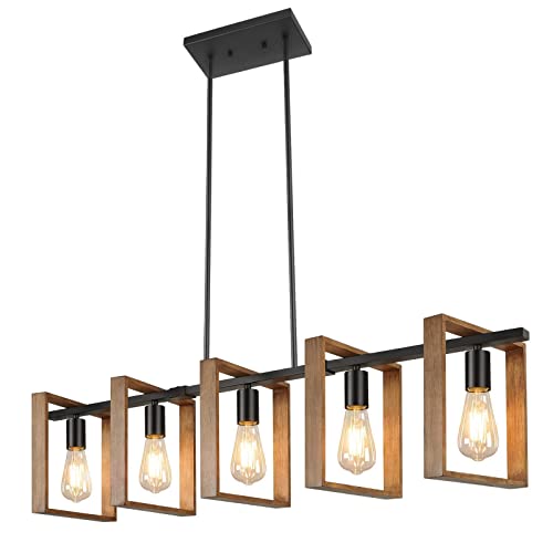 Brightever 3667-P5-WDBK 53’’ Farmhouse Kitchen Island Lighting, 5-Light Adjustable Dining Room Light Fixtures, Rustic Wood Chandeliers Black Hanging Light Fixtures thumb #1