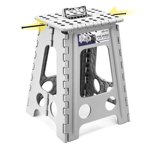 Delxo Folding Step Stool 17.5 Inch,Heavy Duty Step Stools for Adults,Non Slip Folding Stool with Handle,Premium Portable Foldable Step Stool for Kitchen Bathroom Bedroom Up to 400LBS,(Grey,1PC)