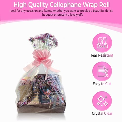 Envoltura de celofán transparente de 3 m x 80 cm y lazo rosa cortada y doblada para envío de celofán para cesta