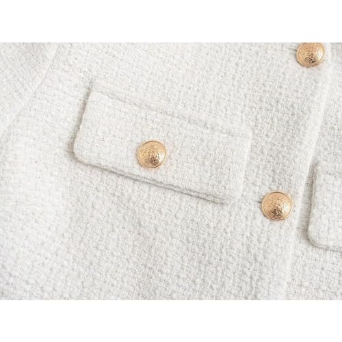 Xaspee Women's Cropped Tweed Jacket Collarless Long Sleeve Button Down Office Business Blazer Jacket with Pockets4