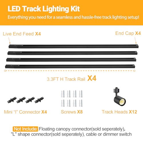 Image of VANoopee 12-Light LED Track Lighting Kit with 13FT H Type Track Rail, Black | Dimmable LED Track Light Heads Modern Kitchen Track Lighting Fixtures Ceiling Spot Light, 3000K 24 CRI90+ 10W 800lm
