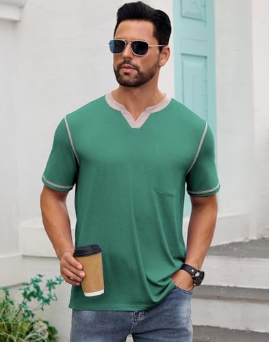 Men's Casual Henley Shirt Short Sleeve Summer V Neck Solid T-Shirt Tops Whith Pocket2