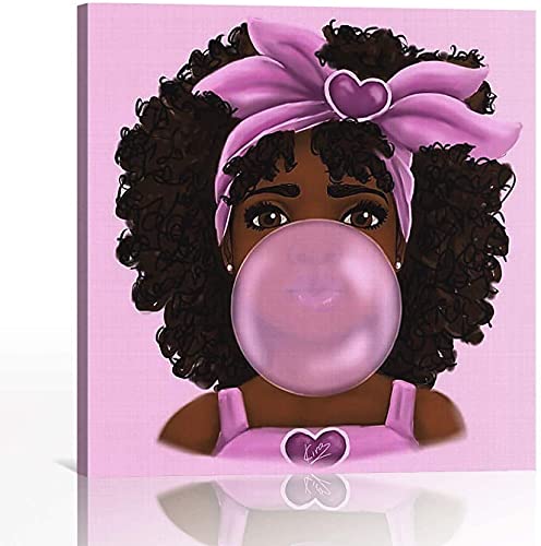 African American Afro Black Girl Bubble Gum Canvas Wall Art Cute African Kid Girl Pink Background Blowing Bubble Gum Canvas Print Kids Room Wall Art African Art Nursery Decor Home Decor Ready To Hang (Kl001-16×16Inch-Unframed) #TOP25