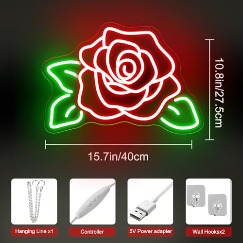 Image of Rose Flower Neon Light Signs for Wall Flower Shop Window, Room, Cafe Art Decorative Lady Gift Wedding Bachelorette Party Bridal Banquet Background Decor Sign, 15.7 inchx10.8 inch, Red