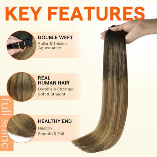 Image of Full Shine Invisible Weft Hair Extensions 16 Inch 105G Brown Honey Blonde | Invisible Weft, Sew In Extensions, Dark Brown To Honey Blonde Mix Ash Brown Balayage, Remy Human Hair, Add Volume
