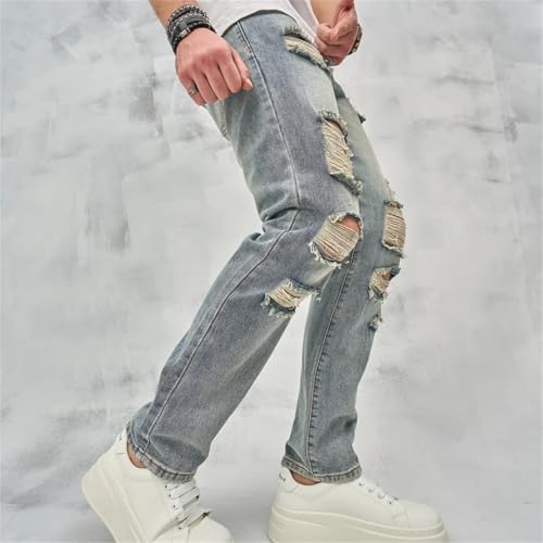 Men Streetwear Spring Loose Holes Distressed Straight Jeans Pants Retro Male Denim Trousers4
