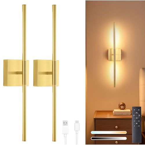 Image of Shenmoyl Battery Operated Wall Sconce Set of 2, 8000mAh Wireless Wall Sconces, 3000K-6000K Dimmable, 350Rotate, Indoor Wall Lights for Bedroom Living Room Bathroom, Gold, 23.6 Inch