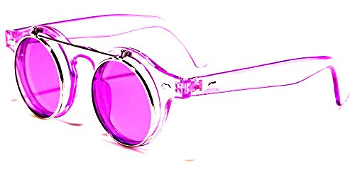 Retro Round Flip Up Steampunk Sunglasses (Purple Crystal & Silver Frame, Purple)