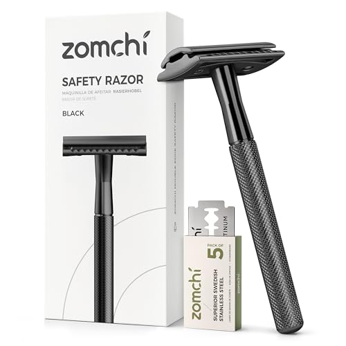 ZOMCHI Safety Razor for Men with 5 Double Edge Safety Razor Blades, One Blade Safety Razor, Metal Razor Zero Waste – Black