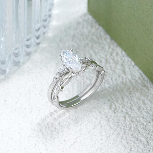 Marquise Cut Engagement Ring Set for Women, 18K 14K 10K Solid Gold Leaf Moissanite Bridal Ring Sets, Marquise-Cut Moissanite Promise Wedding Band Jewelry Gift for Her3