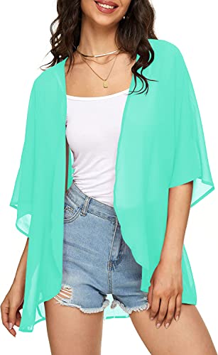 Image of Indian Trendy Women's Solid Puff Sleeve Kimono Cardigan Loose Cover Up Casual Blouse Top Chiffon