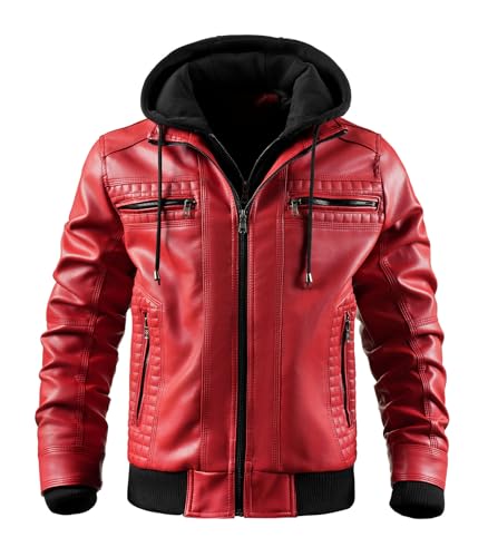 Image of FTIMILD Men's Leather Jacket Motorcycle Jacket Windproof PU Vintage Bomber Jacket with Removable Hood
