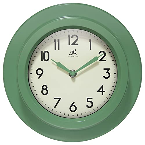 Infinity Instruments 9.75 Inch Retro Escape Midcentury Modern Indoor Round Non-Ticking Silent Battery Operated Easy to Read Wall Clock for Living Room, Bedroom, Kitchen, Home Office, Green