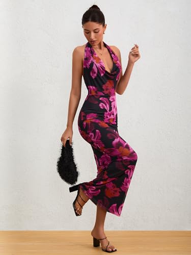 Milumia Women's Mesh Floral Open Back Deep V Neck Halter Maxi Long Dress4