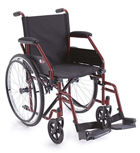 Ruote anteriori nere in PVC con forcella in acciaio. Braccioli corti ribaltabili con imbottitura in nylon nero. Pedane estraibili regolabili in lunghezza con poggia piedi in polipropilene nero e cinturino ferma-tallone.