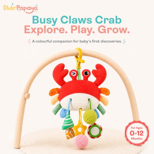 Image of Crab Plush Stroller Toy for Babies 0-12 Months | Colorful Hanging Sensory Rattle Toy with C-Clip for Crib | Washable Interactive Tummy Time Soft Toy | Pram & Car Seat Toy for Toddlers