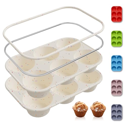 Socisen 2 Pack 6 Cups Silicone Mini Muffin Pan with Metal Reinforced Frame Silicone Molds Cupcake Cake Baking Pans Cookie Baking Chocoflan Cupcake Mold Cake Molds Kitchen Baking Mom Gift Home Essent