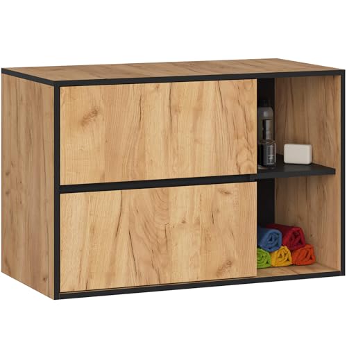 AKORD Mueble Lavabo Suspendido VAMI 90 cm   Diseño Moderno con 2 Cajones y 2 Compartimentos   para Lavabos de sobre Encimera   Mueble Baño Suspendido   90x60x45,5 cm   Roble Craft & Negro