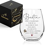 Innfueunun Friends Wine Glass Gifts for Women 15Oz Funny Bestie Cup Here's to Another Year of Us Laughing at Our Own Jokes Glass Birthday Gift Women Day Gifts for Friends Bestie