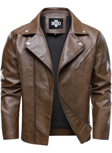 HOOD CREW Men’s Faux Leather Jacket Cool Motorcycle Lapel Biker Jackets Zip Up Riding Coat