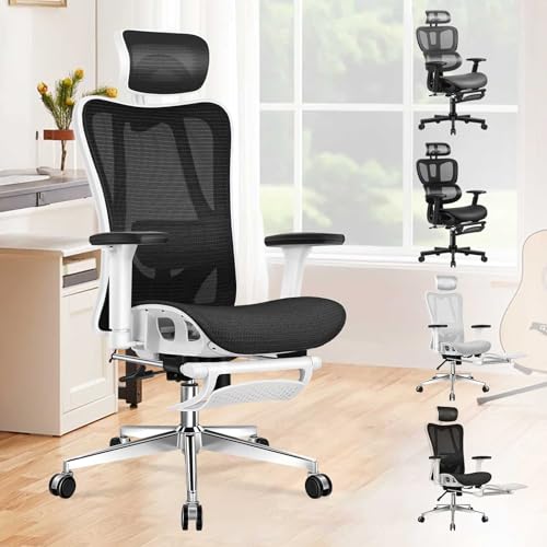 ALFORDSON Silla de Oficina Ergonómica, Cilindro de Gas Certificado SGS, Capacidad de 180 KG, Silla de Oficina con Soporte Lumbar Ajustable, Reposapiés Retráctil, Silla de Juegos, Oswin, Negro y blanco
