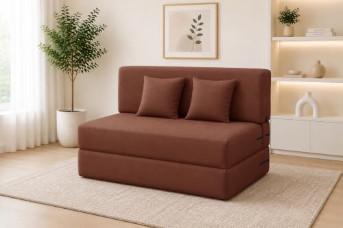 Image of Los Angeles 2 Seater Foldable Sofa Cum Bed, Sofa Bed 4 X 6 Feet Jute Fabric Washable Cover- Including Two Cushion Perfect for Living Room & Office Guest Room - Brown Color