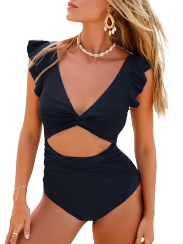 CUPSHE Women's One Piece Swimming Costume V Neck Cutouts Twisted Ruffle Tummy Control Swimwear Swimsuit Black L