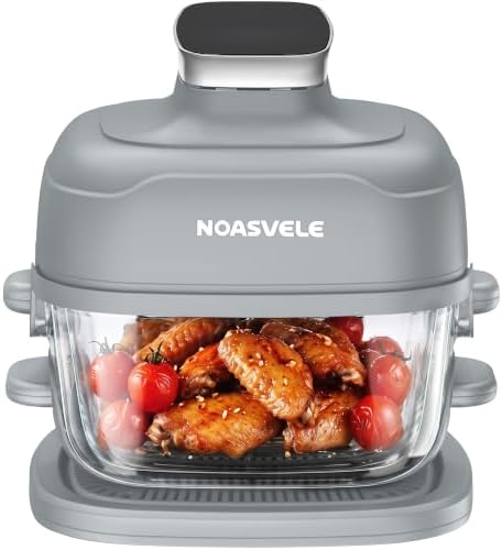 Airfryer Glas, Heißluftfritteuse 4,2L+2,2L Glasbehälter PFAS-frei, Grau | Klappdeckel · Schutzgehäuse · Borosilikatglas ohne Beschichtung · spülmaschinenfest · BPA-frei · für 1-4 P