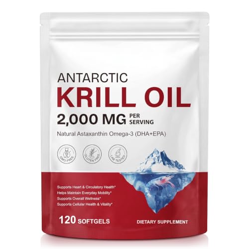 Image of Antarctic Krill Oil 2000mg Softgels, Krill Oil Capsules High Strength Omega 3 Supplement with EPA DHA, Astaxanthin & Phospholipids, Antarctic Krill Oil for Heart & Brain Health 120 Softgels