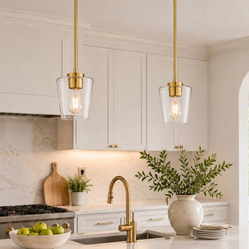Image of 2-Pack Gold Pendant Lights Kitchen Island, 6 inch Clear Glass Shade | Modern Kitchen Pendant Lighting Over Island for Dining Room, Adjustable Height, E26 Base, Brushed Gold, AD-22004-1P2-GD-C