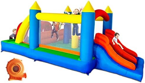 HuaKastro Kids Inflatable Obstacle Bounce House with Dual Racing Slides, Tunnels, Climbing, Obstacles, Jumping All in One Castle - Blower Included