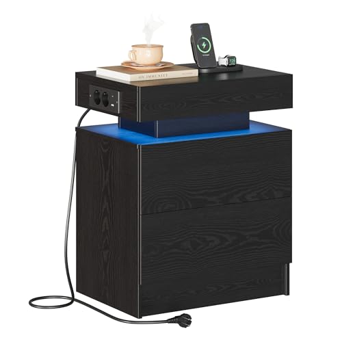 IRONCK Nachttisch Schwarz mit LED-Licht & Ladefunktion, Beistelltisch mit USB+Typ-C Anschlussen, Nachtschrank mit 2 Schubladen, Sofatisch für...